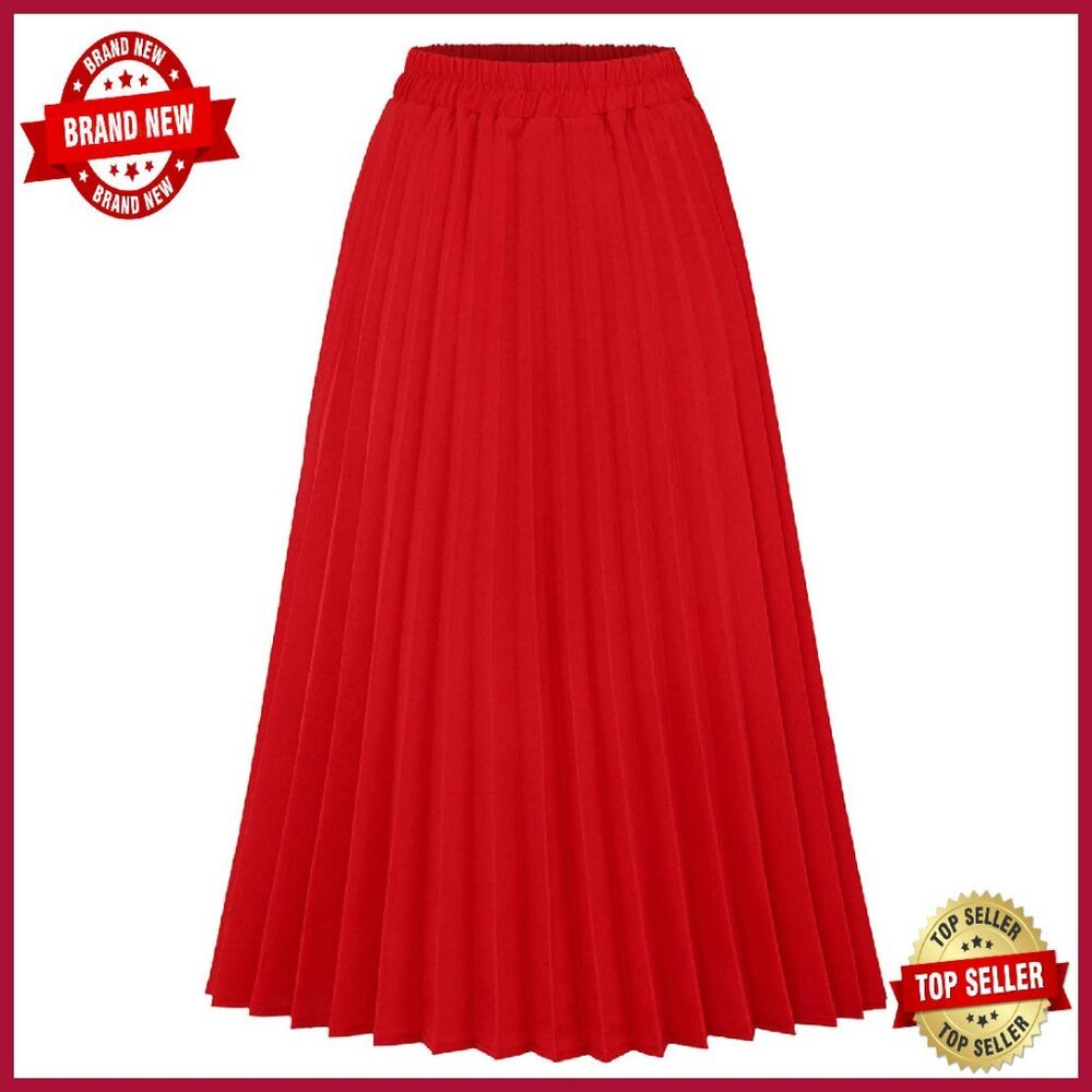 Elastic High Waist Pleated Midi Skirt Flowy A-Line Business Casual